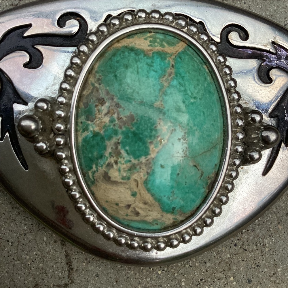 Vintage Unisex Western Boho Large Green Turquoise Stone Etched Metal Belt Buckle - Picture 11 of 13